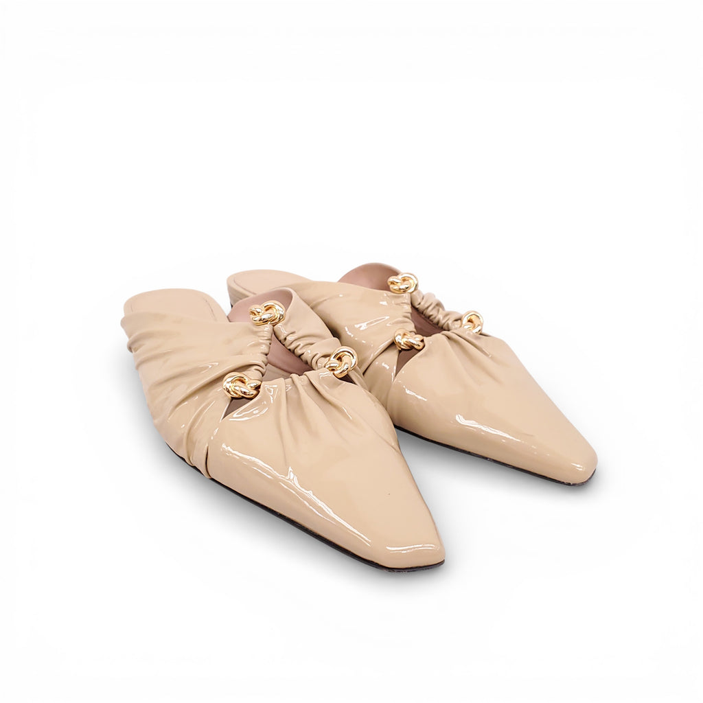 BOTTEGA VENETA NUDE PATENT BUNNIE LEATHER FLATS - SIZE 40