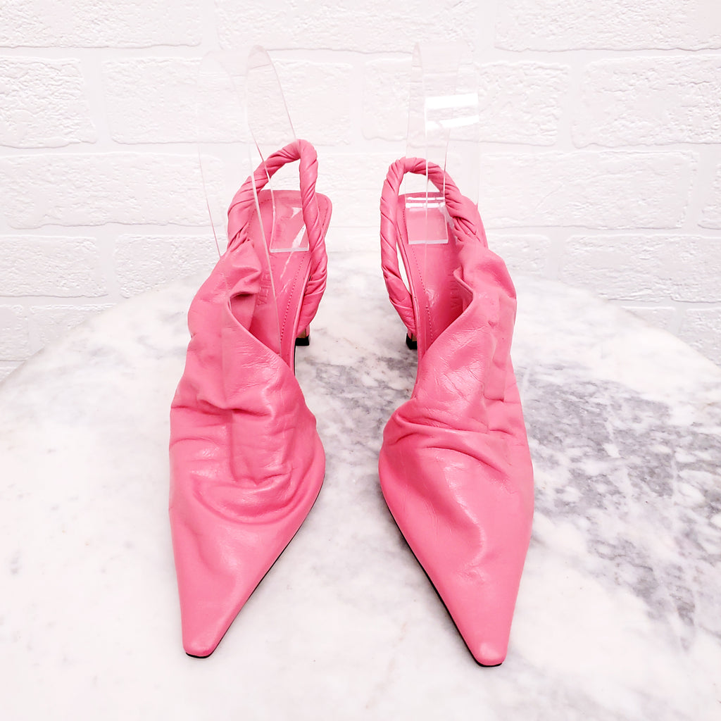 BOTTEGA VENETA PINK CRINKLED LEATHER MULES - SIZE 36.5