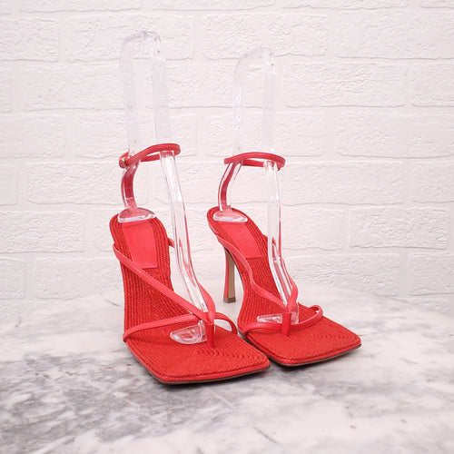 BOTTEGA VENETA RED RAFFIA HEELS - SIZE 38