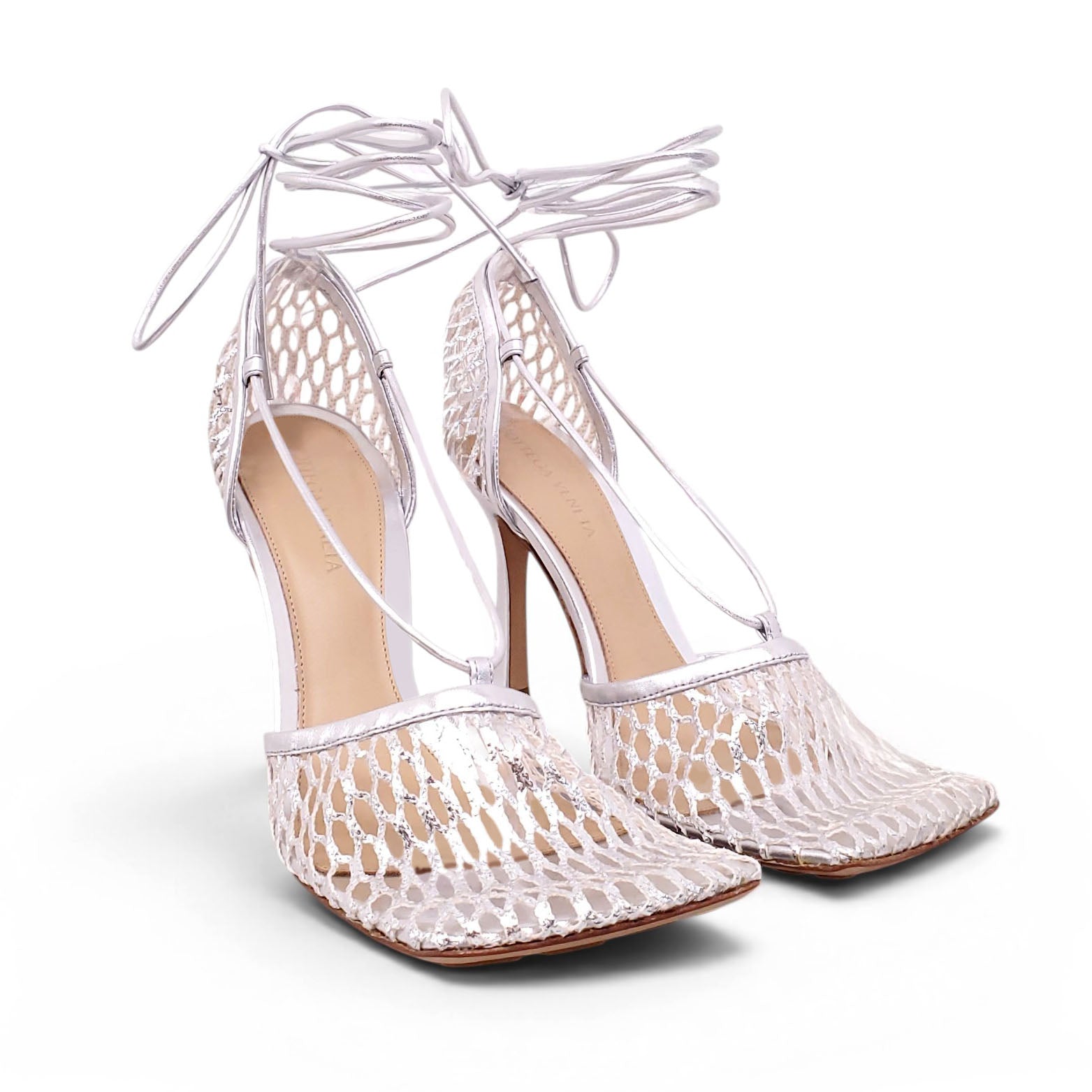 BOTTEGA VENETA SILVER MESH STRAPPY HEELS - SIZE 38