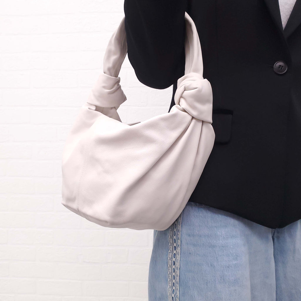 BOTTEGA VENETA WHITE NAPPA LEATHER DOUBLE KNOT HANDLE BAG