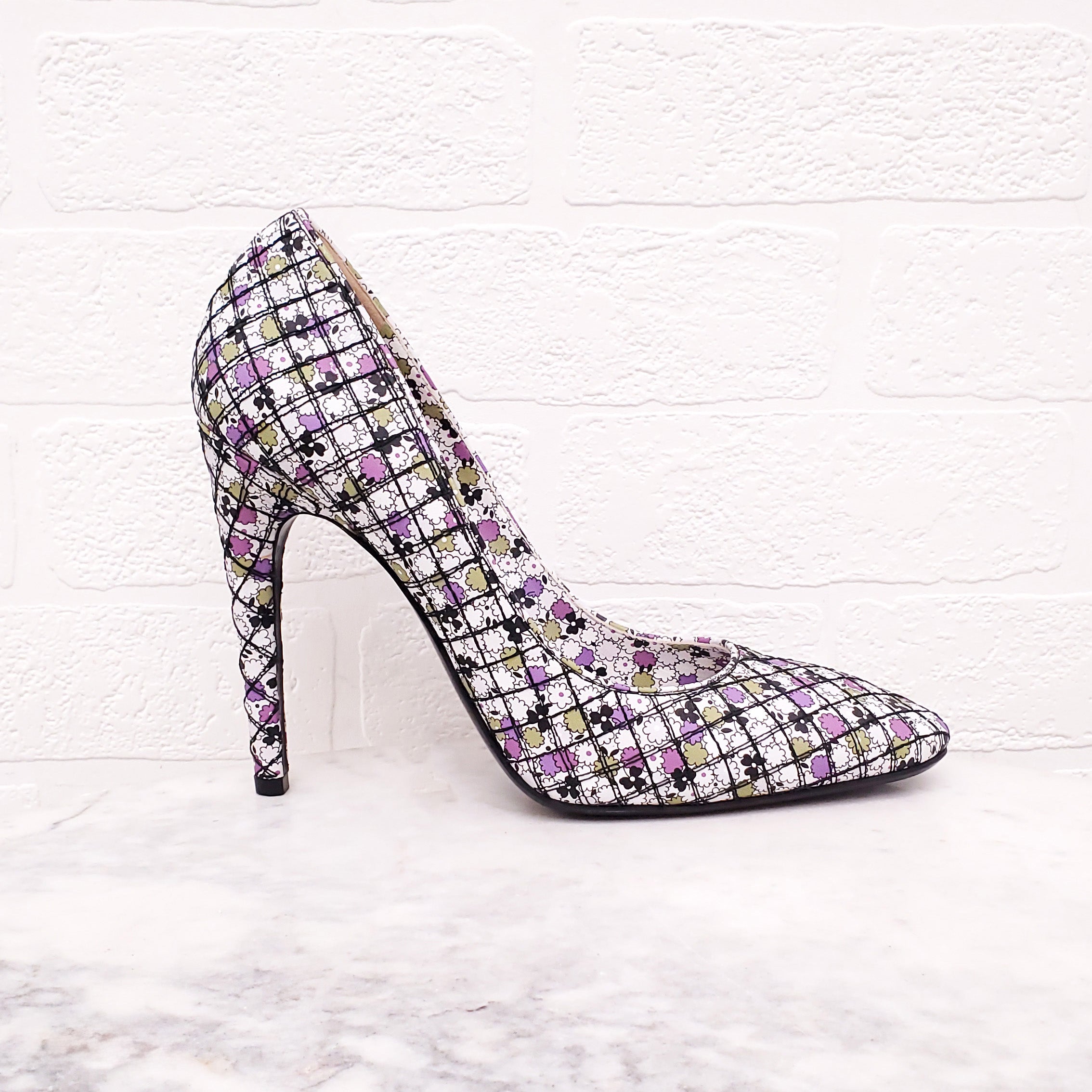 BOTTEGA VENETA WHITE, PURPLE AND GREEN FLORAL HEELS - SIZE 40