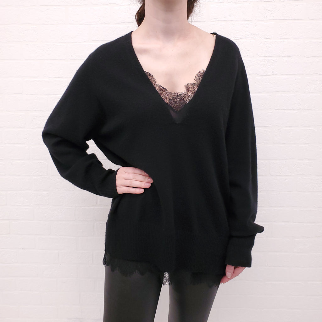 BROCHU WALKER BLACK CASHMERE LAYERED LACE SWEATER - SIZE L