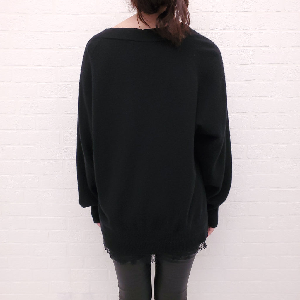 BROCHU WALKER BLACK CASHMERE LAYERED LACE SWEATER - SIZE L