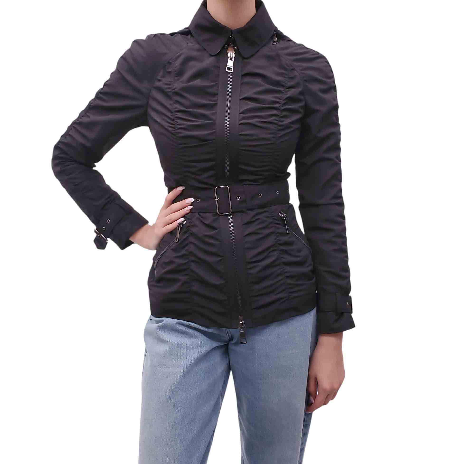 BURBERRY BLACK CROPPED TRENCH COAT WITH RUCHING DETAIL - SIZE US 2