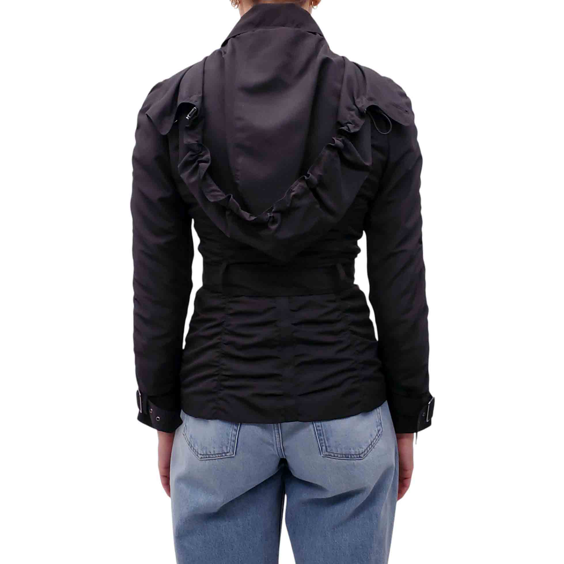 BURBERRY BLACK CROPPED TRENCH COAT WITH RUCHING DETAIL - SIZE US 2