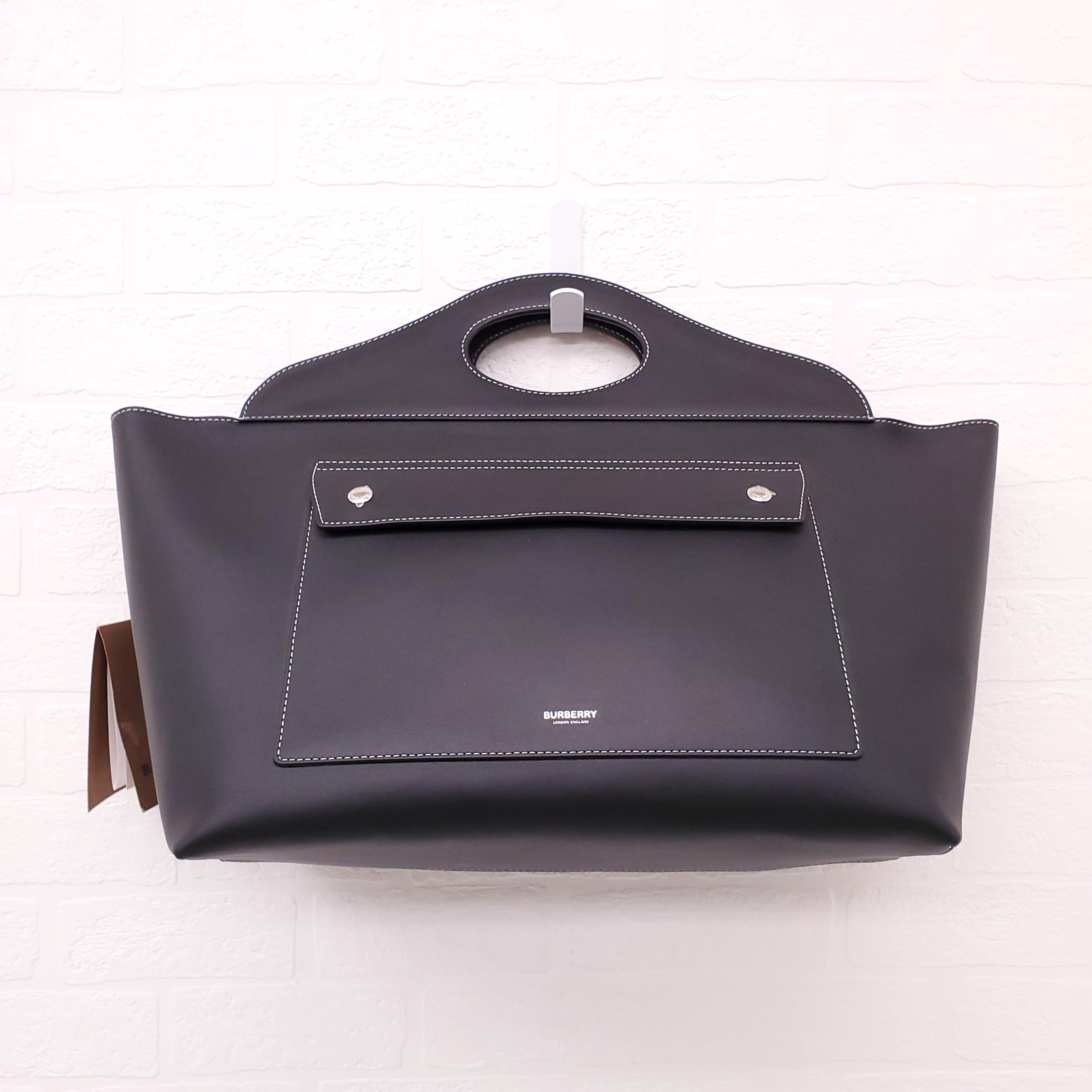 BURBERRY BLACK LEATHER POCKET SATCHEL TOTE