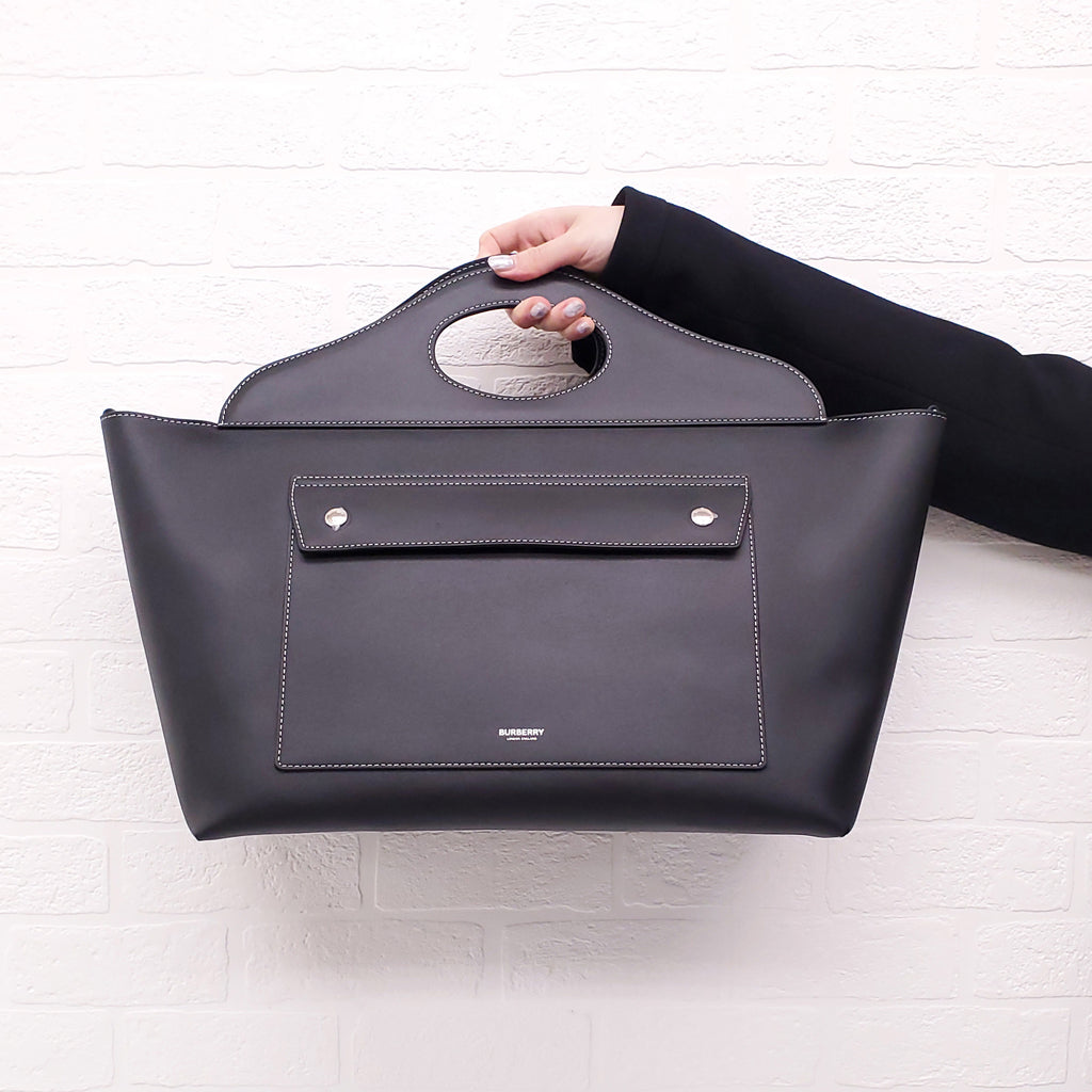 BURBERRY BLACK LEATHER POCKET SATCHEL TOTE