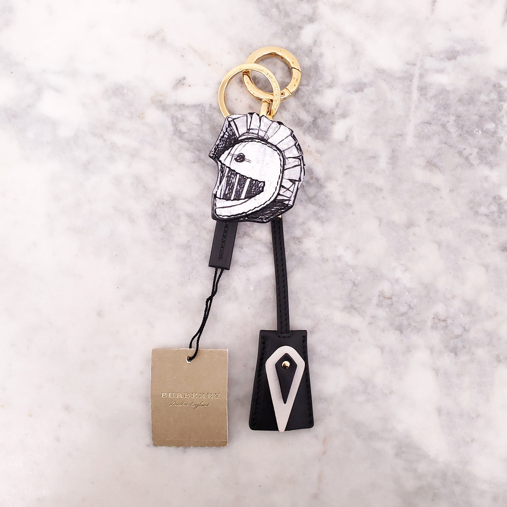 BURBERRY BLACK LEATHER ‘PALLAS HELMET’ KEYCHAIN