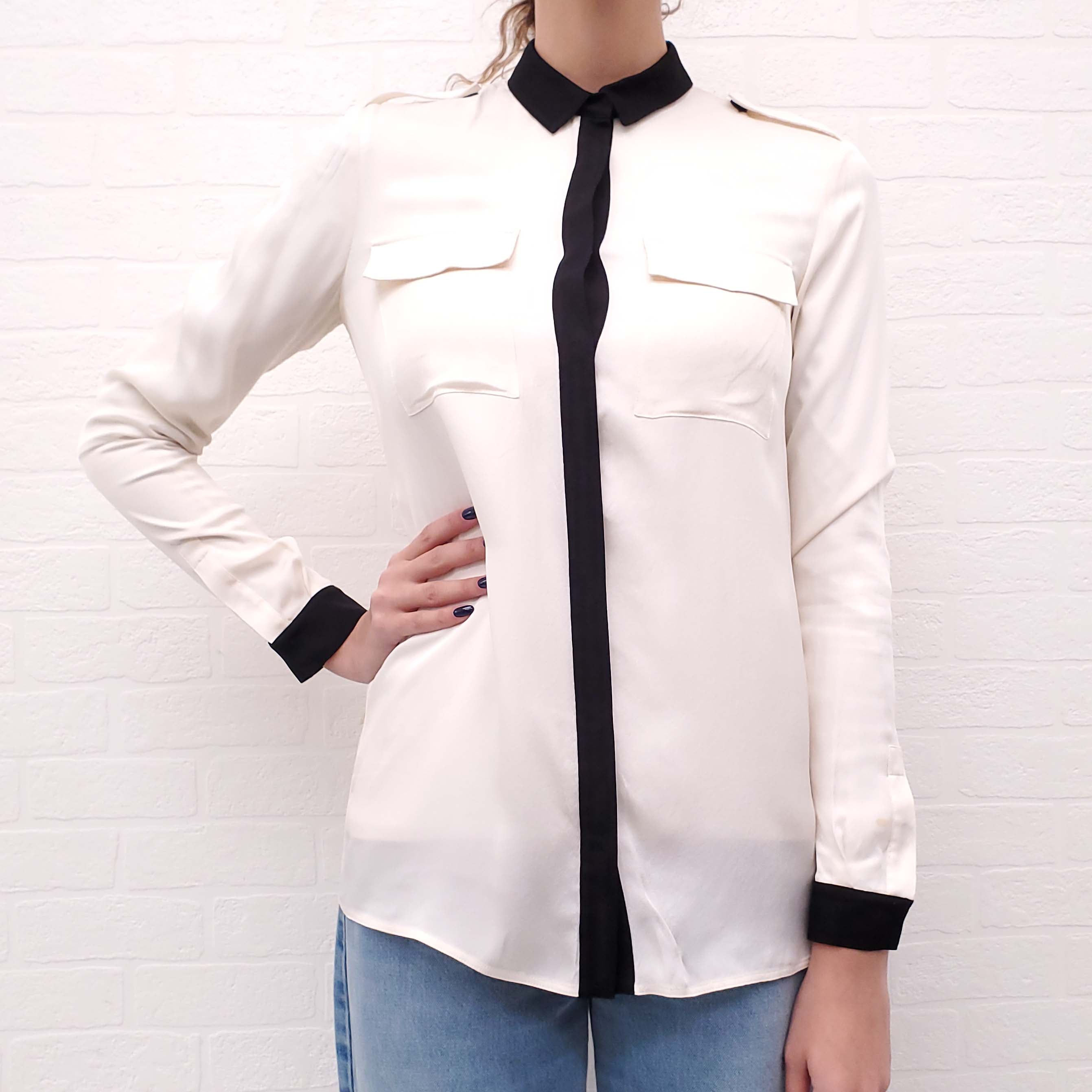 BURBERRY CREAM BLOUSE WITH BLACK PIPING - SIZE 4