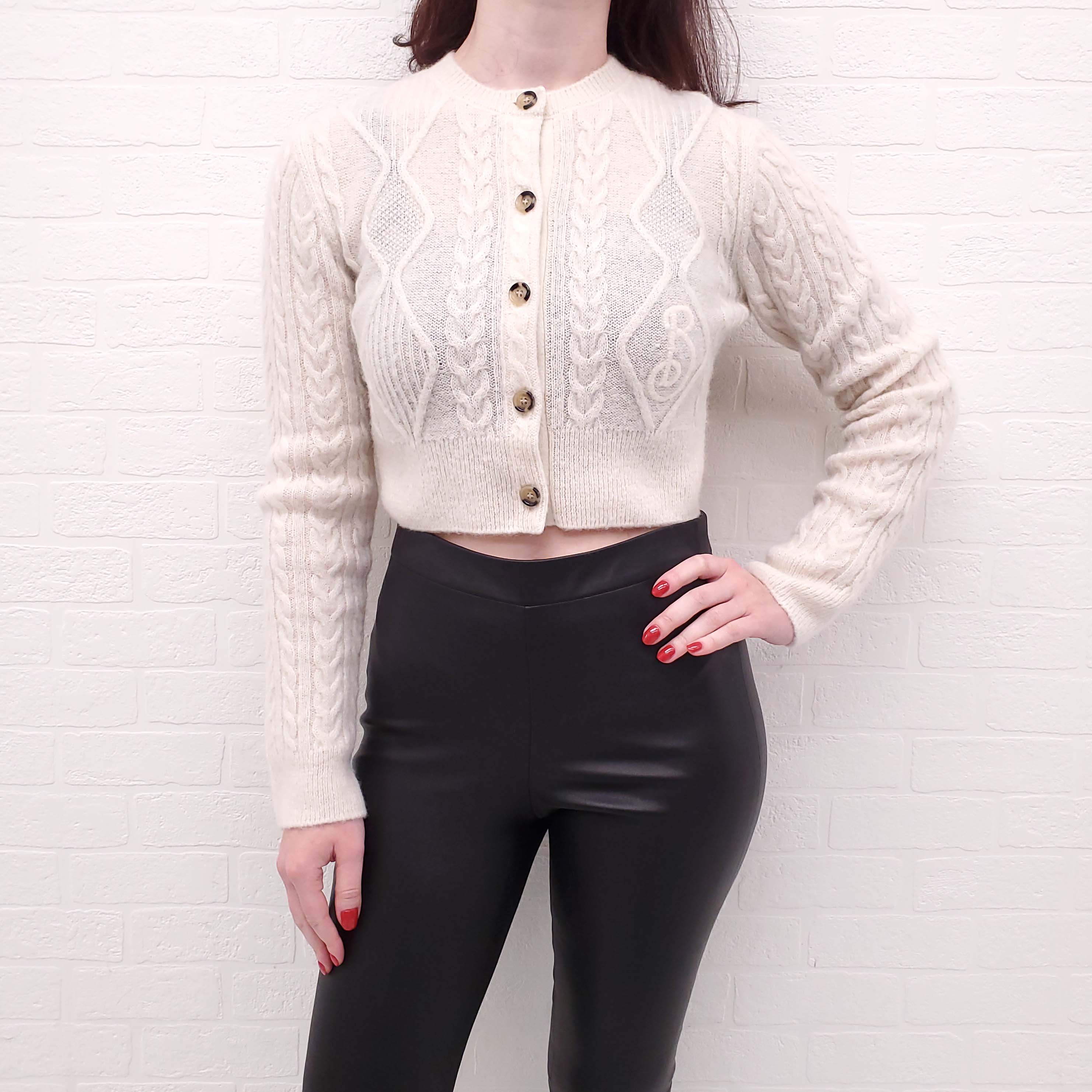 BURBERRY CREAM CABLE KNIT CROPPED CARDIGAN WITH LOGO - SIZE XS