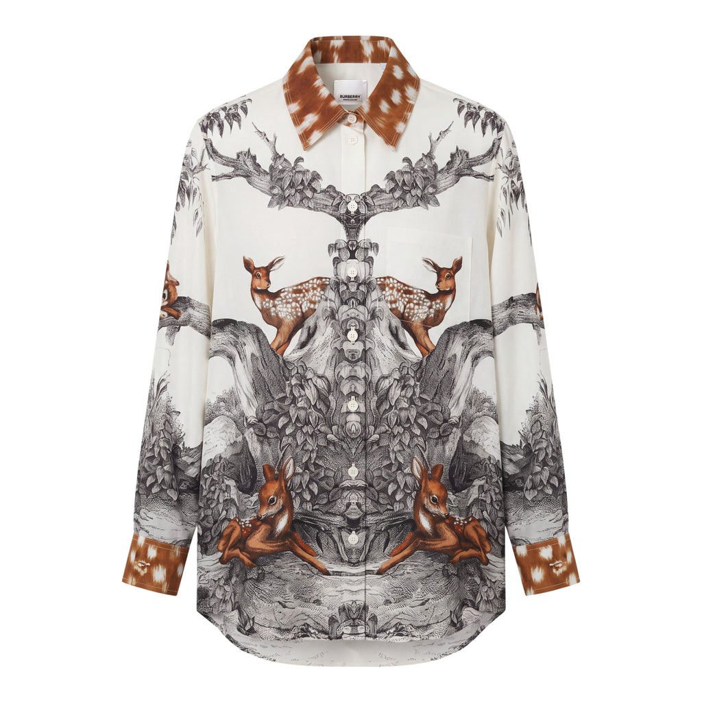 BURBERRY CREAM SILK DEER PRINT BLOUSE - SIZE 6