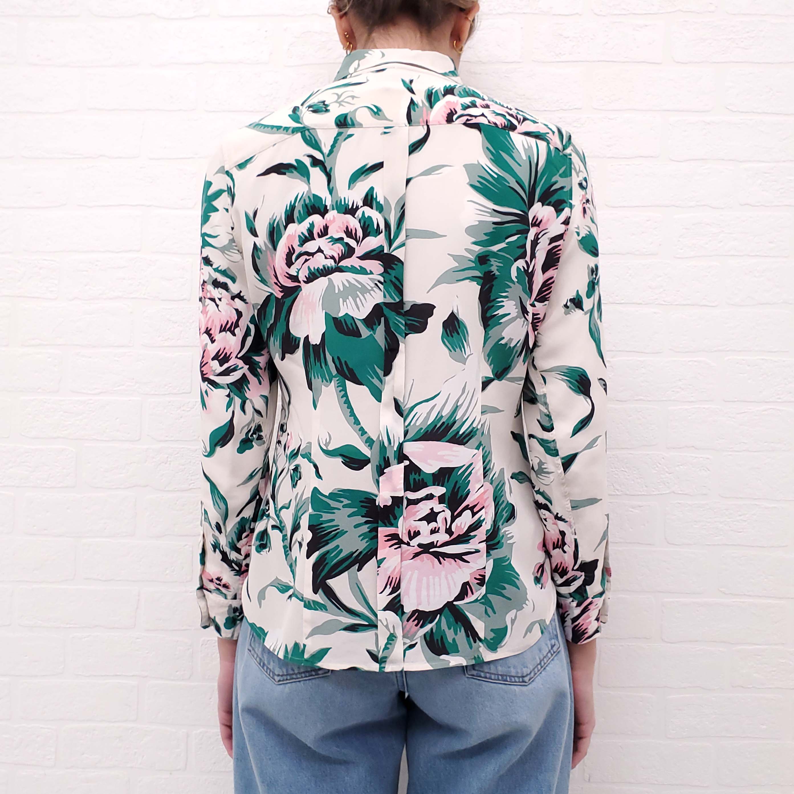 BURBERRY CREAM, PINK AND GREEN FLORAL BLOUSE - SIZE 6