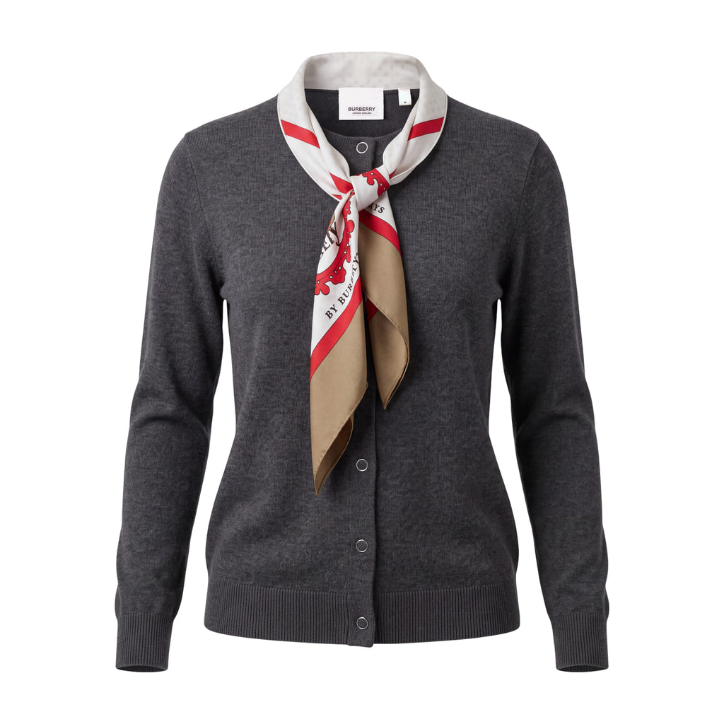 BURBERRY GREY BUTTON-FRONT CARDIGAN WITH ATTACHED SILK SCARF NECK DETAIL - SIZE M