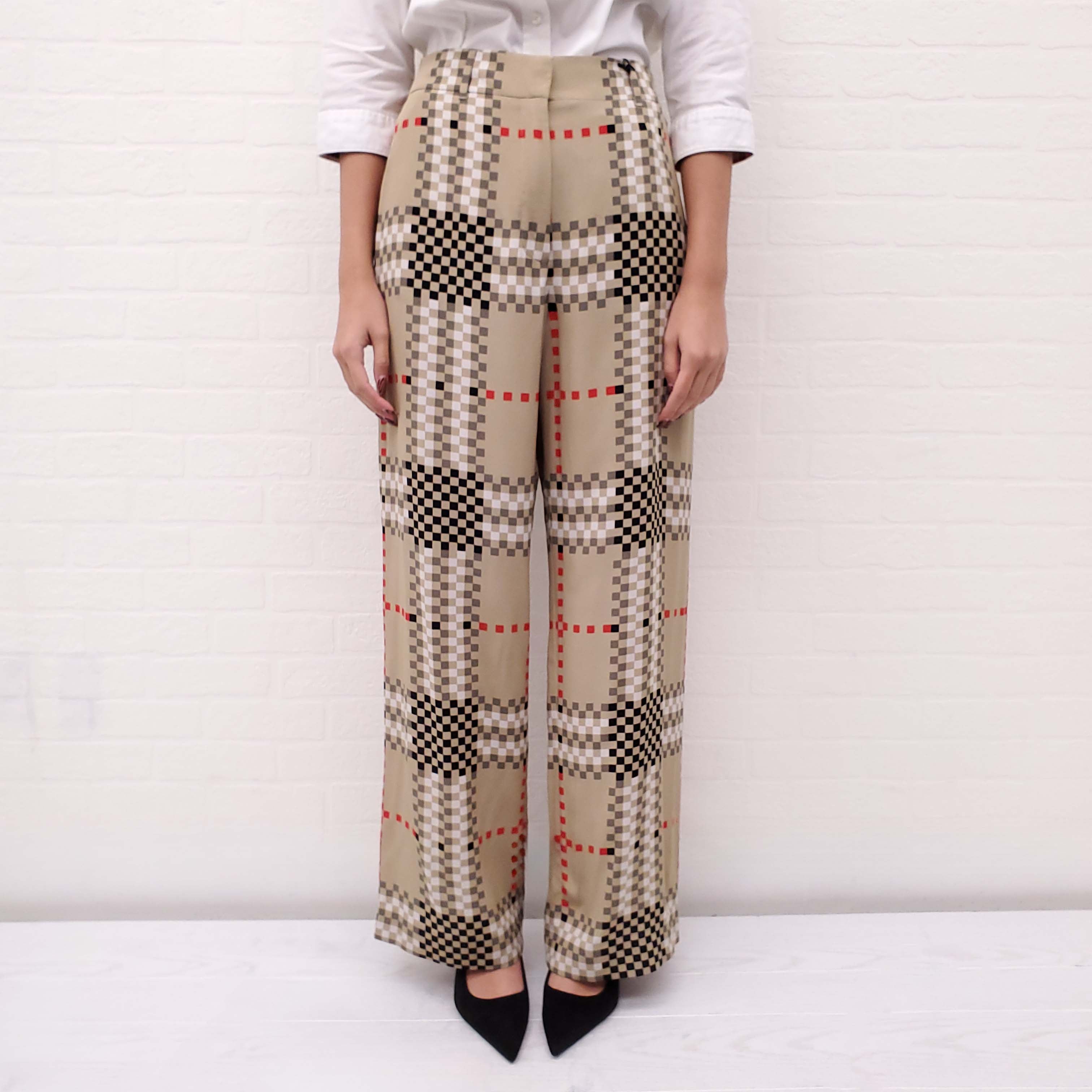 BURBERRY KHAKI SILK SQUARE PATTERNED TROUSERS - SIZE 4