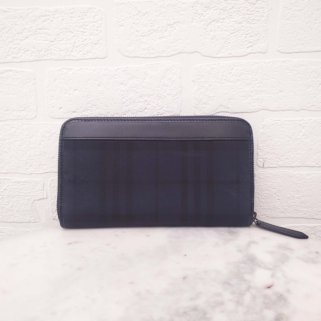 BURBERRY NAVY PLAID ZIP AROUND WALLET