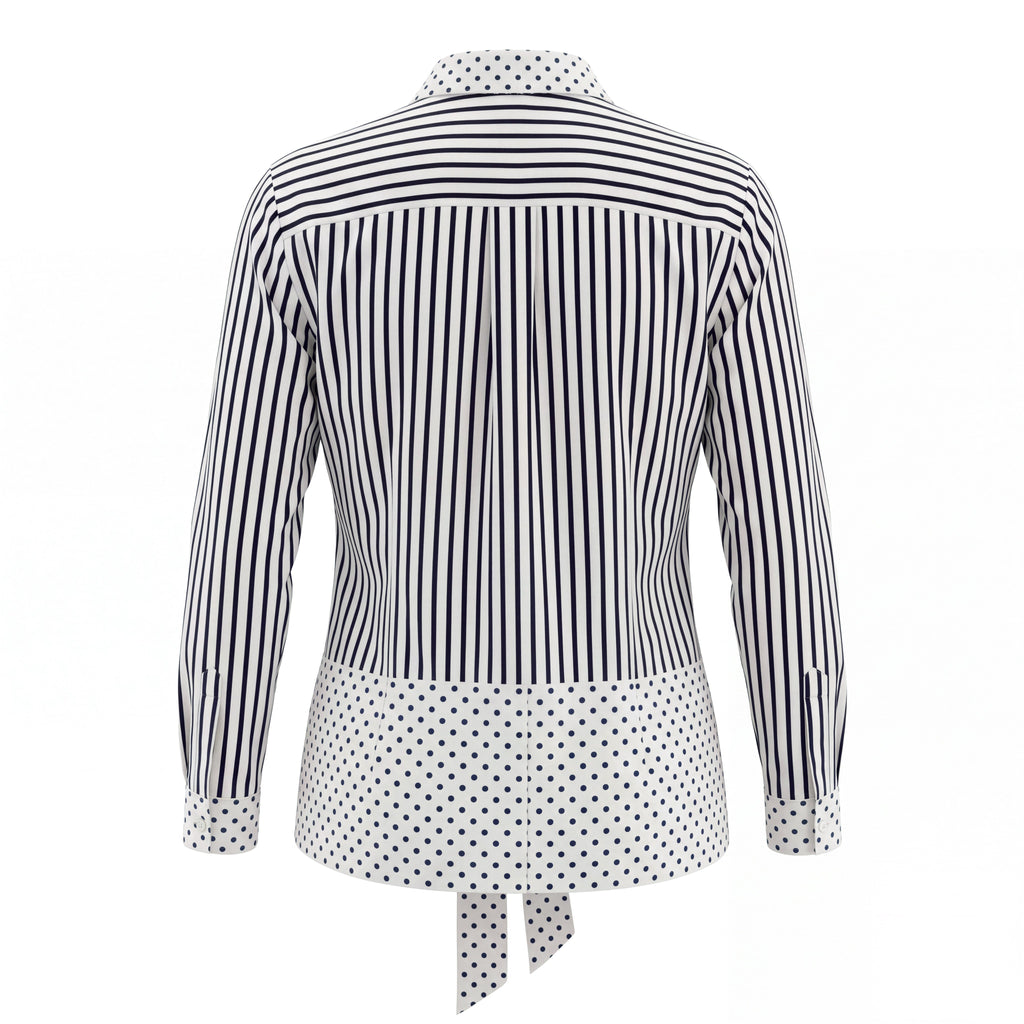 BURBERRY WHITE AND BLACK POLKA DOT AND STRIPED BLOUSE WITH TIE DETAIL - SIZE 6