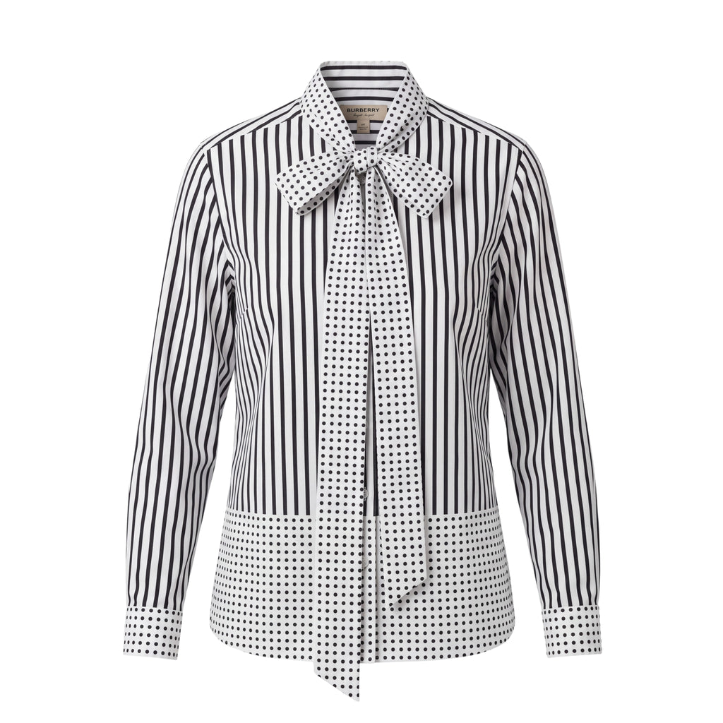 BURBERRY WHITE AND BLACK POLKA DOT AND STRIPED BLOUSE WITH TIE DETAIL - SIZE 6