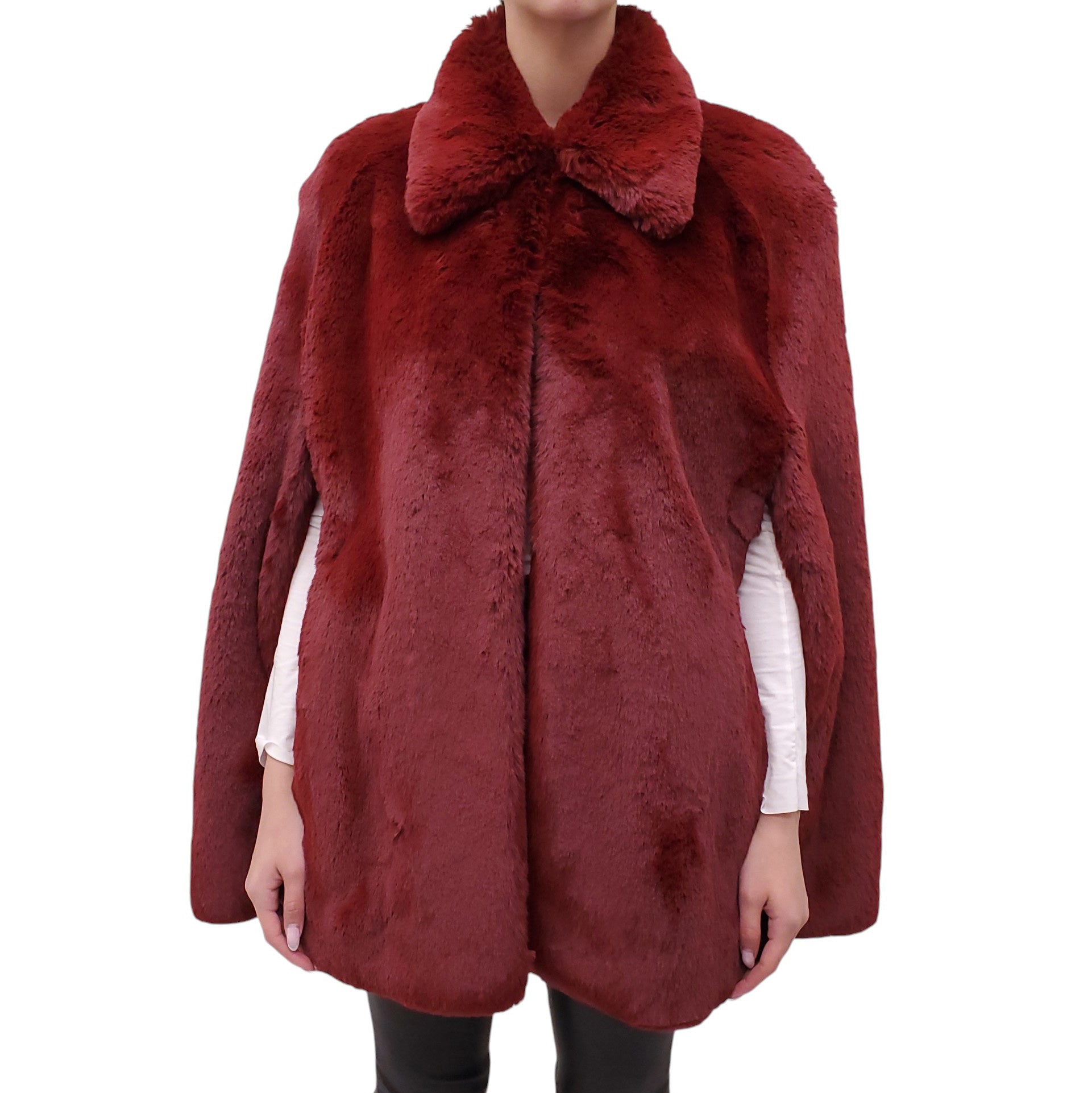 BURBERRY RED FAUX FUR OVERSIZED CAPE WITH CHECK LINING - SIZE XS/S