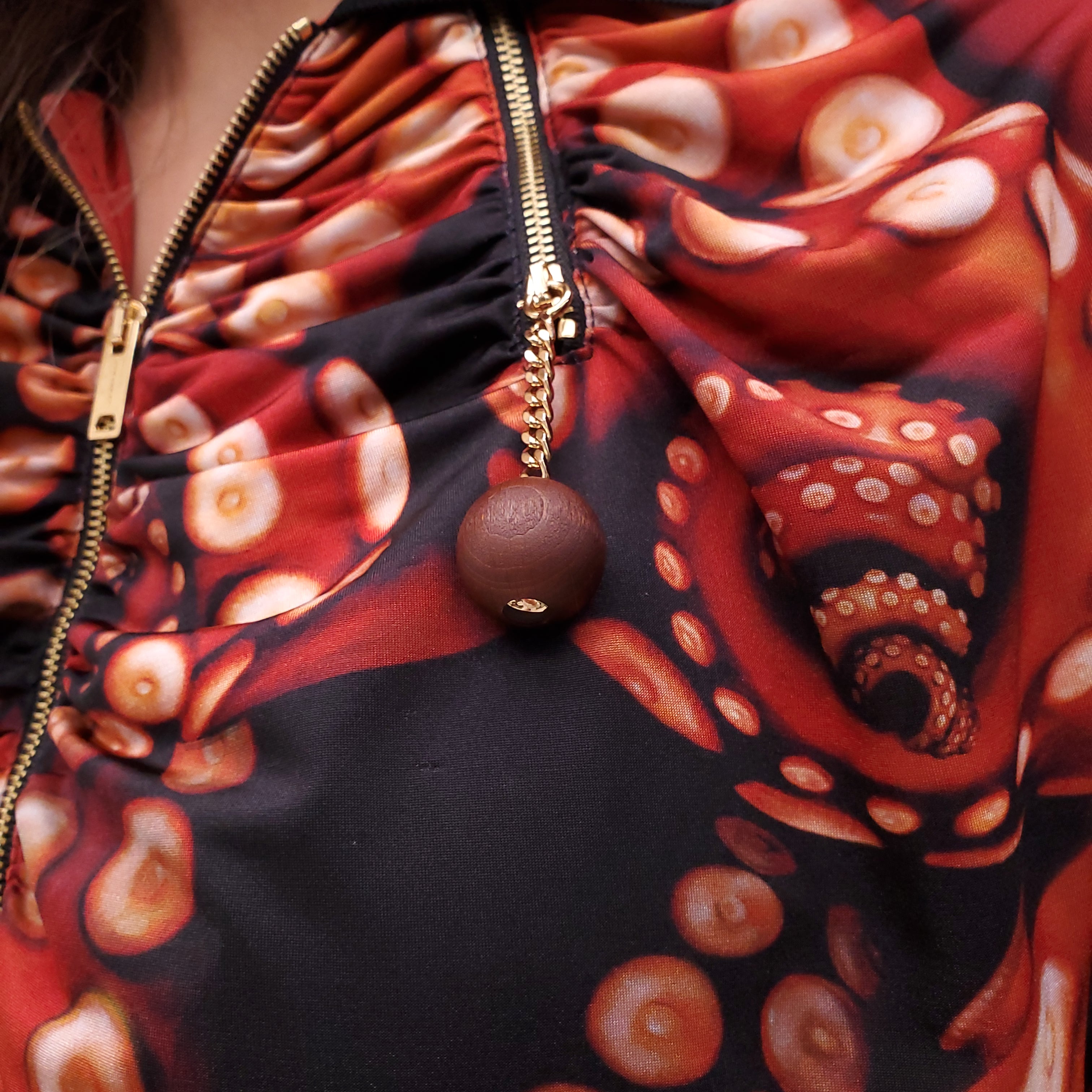 BURBERRY RED PRINTED POLO DRESS WITH WOODEN BEADS
