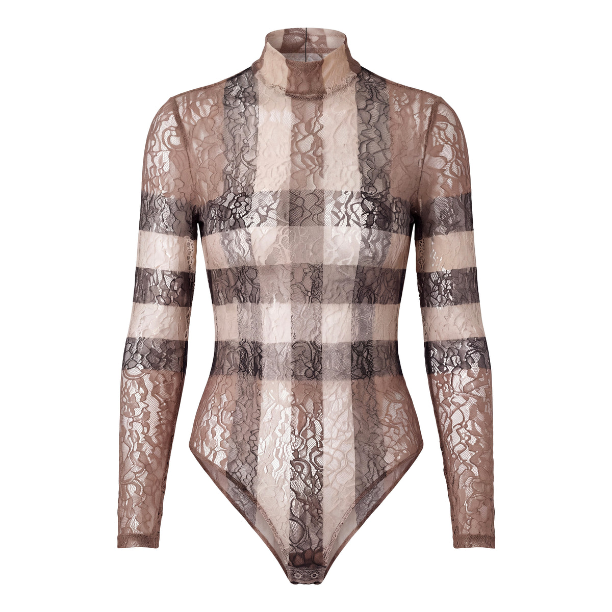 BURBERRY RUNWAY CHECK STRETCH LACE TURTLENECK BODYSUIT - SIZE M