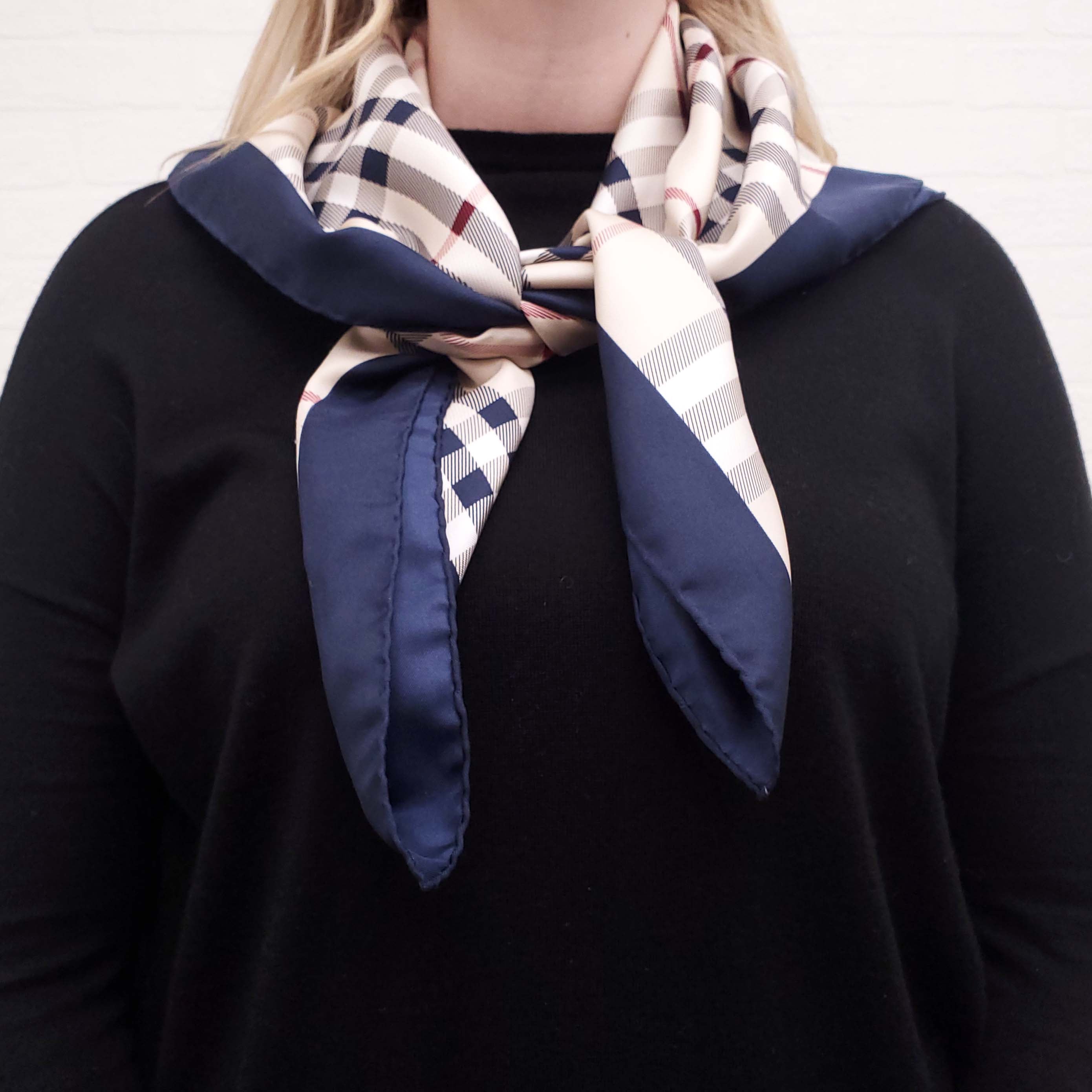 Border Check Scarf BURBERRY SILK CHECK SCARF WITH NAVY BORDER – Rewind Couture