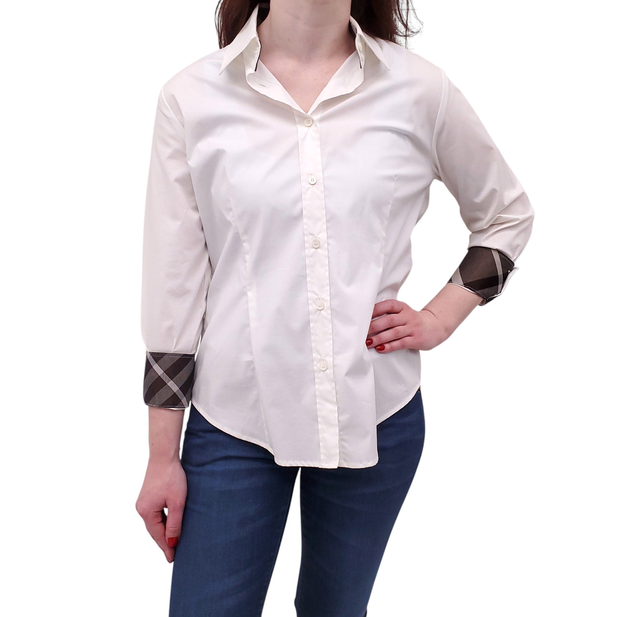 BURBERRY WHITE COTTON BLOUSE WITH CHECK SLEEVE DETAIL - SIZE S
