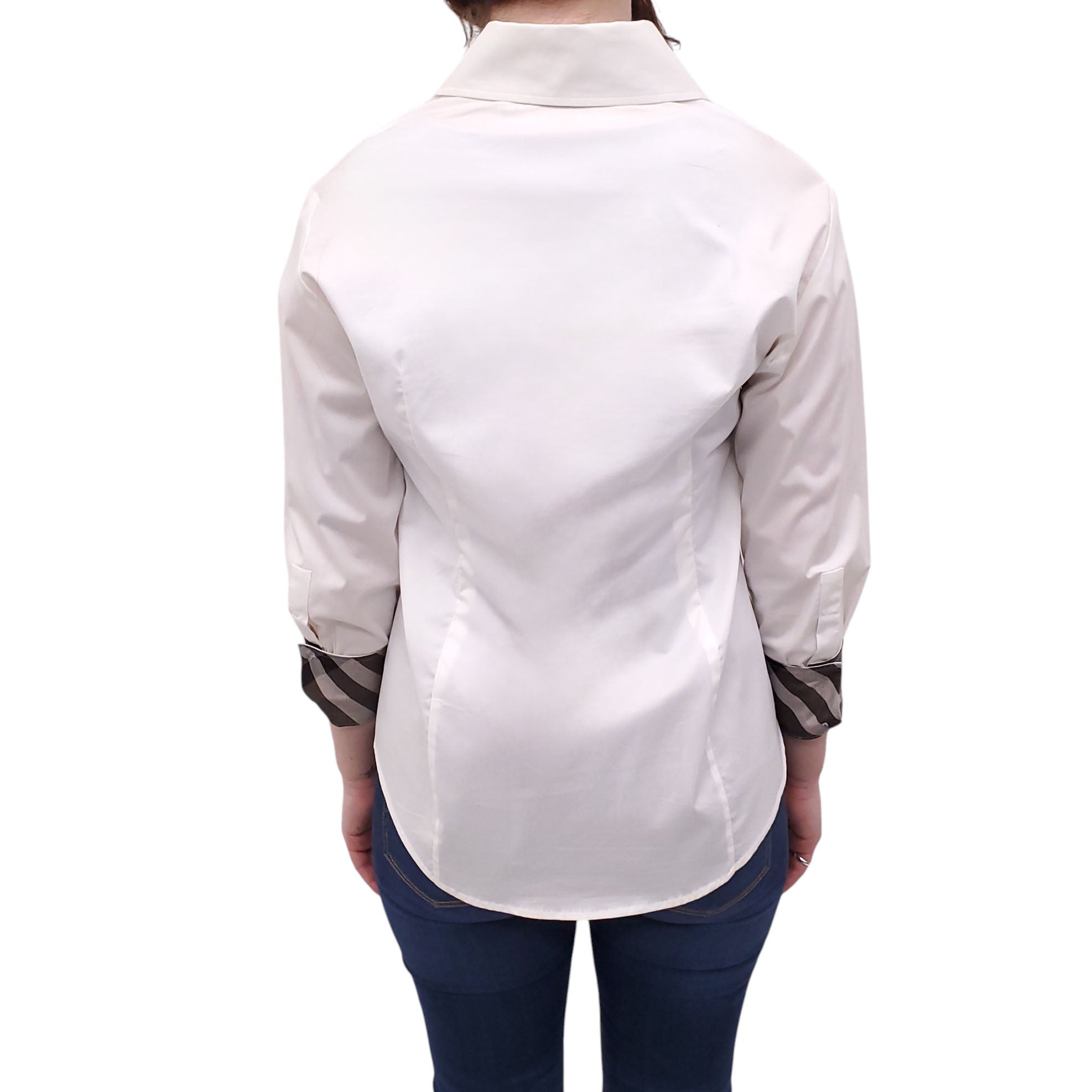 BURBERRY WHITE COTTON BLOUSE WITH CHECK SLEEVE DETAIL - SIZE S