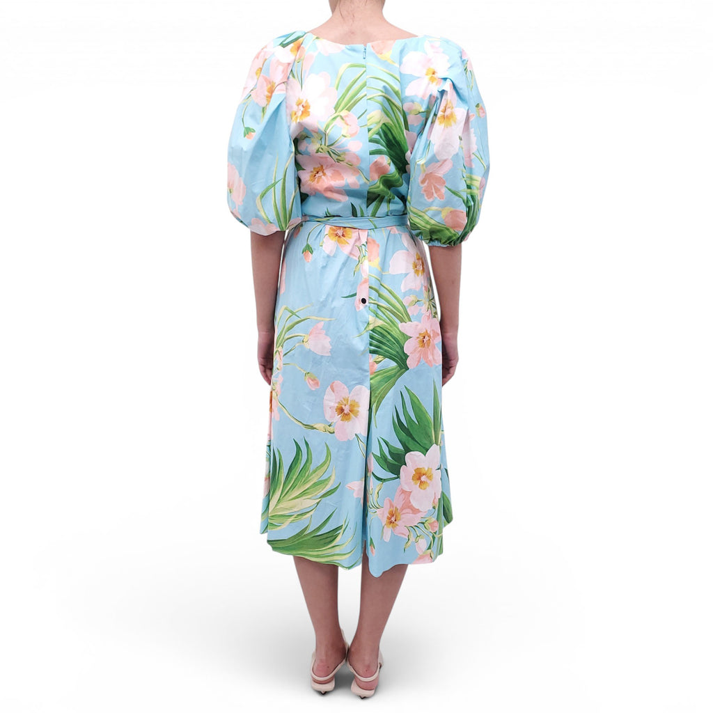 CAROLINA HERRERA BLUE PATTERNED PUFFED MIDI DRESS - SIZE 12