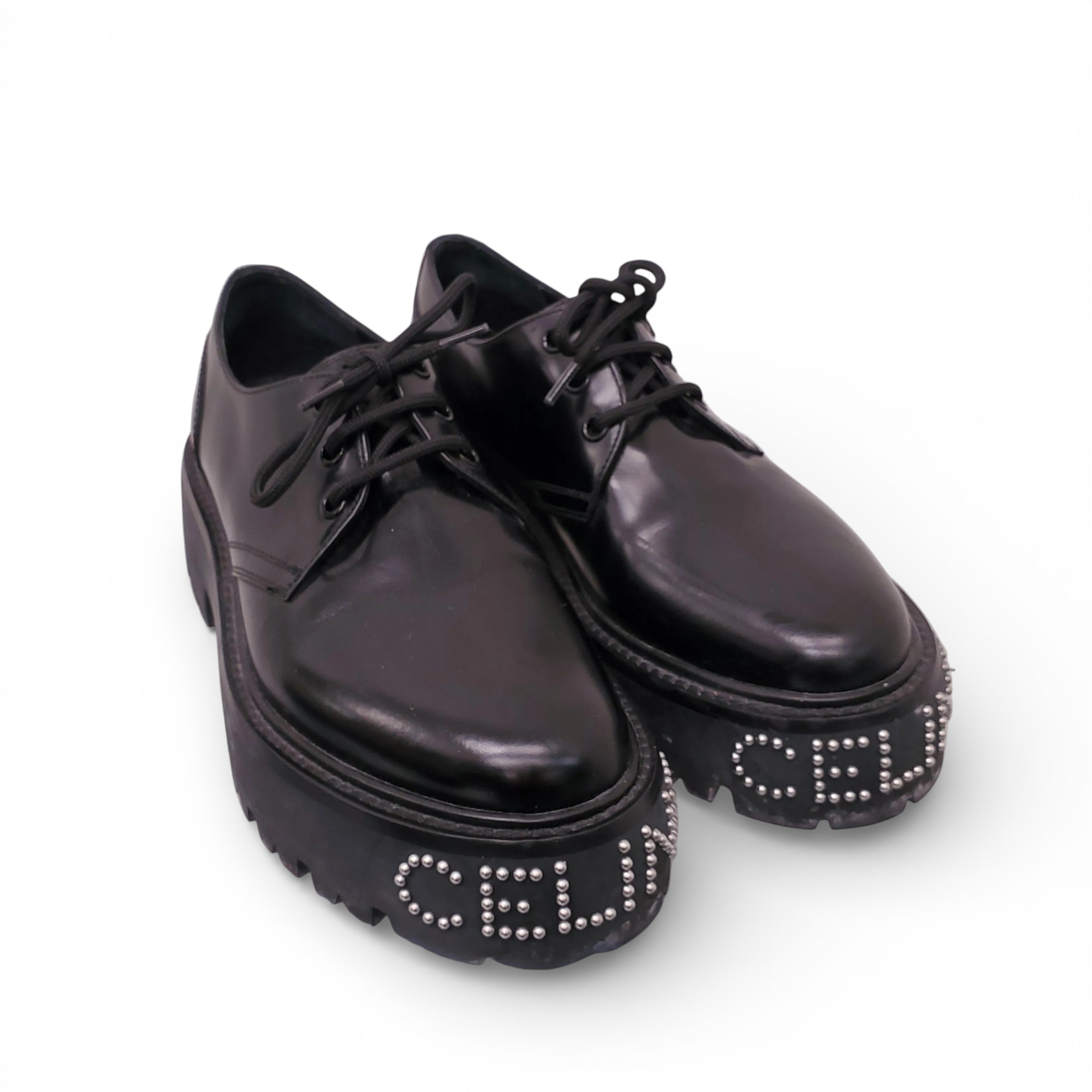 CELINE BLACK CHUNKY STUDDED LOGO OXFORDS - SIZE 39