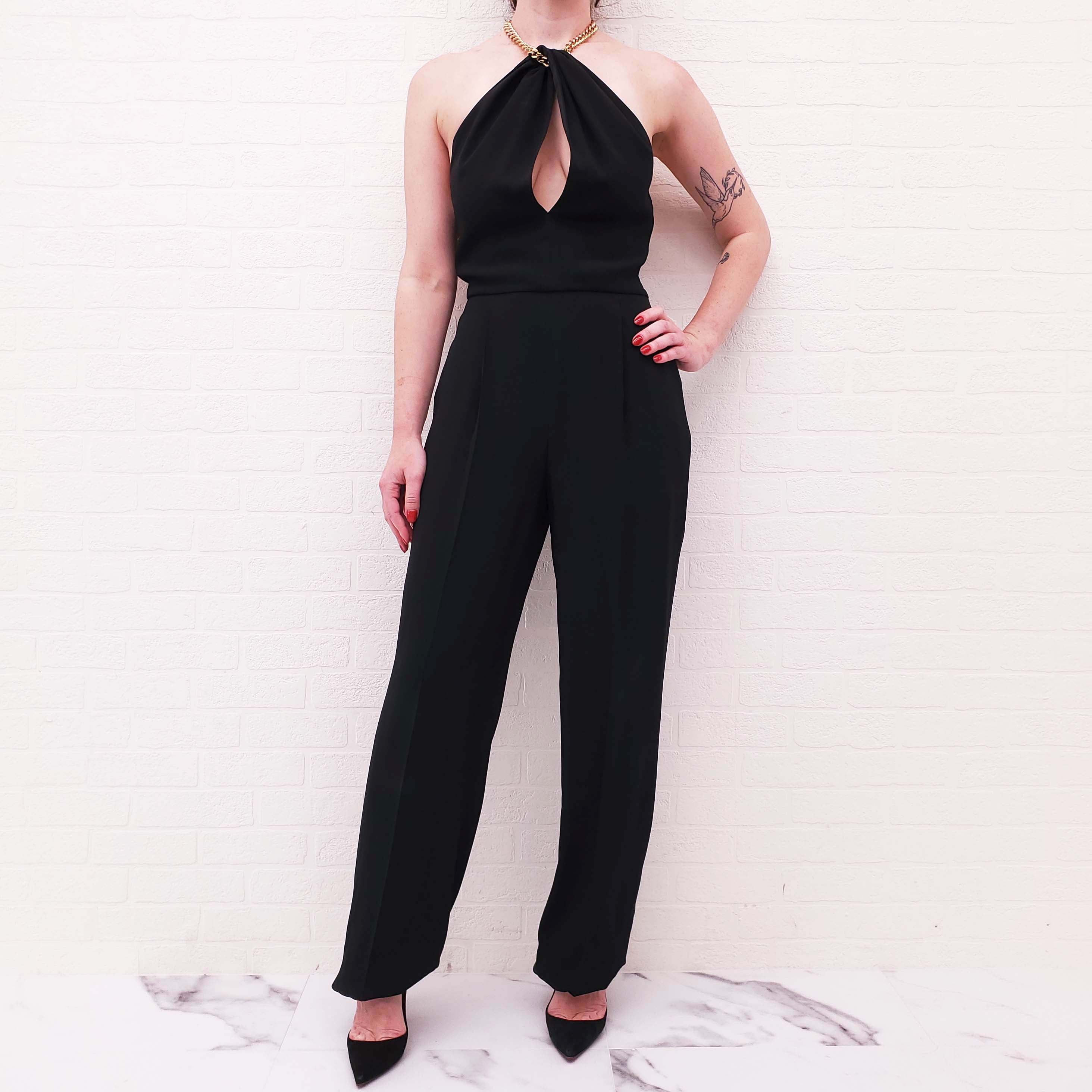CELINE BLACK JUMPSUIT WITH GOLD CHAIN DETAIL - SIZE 36