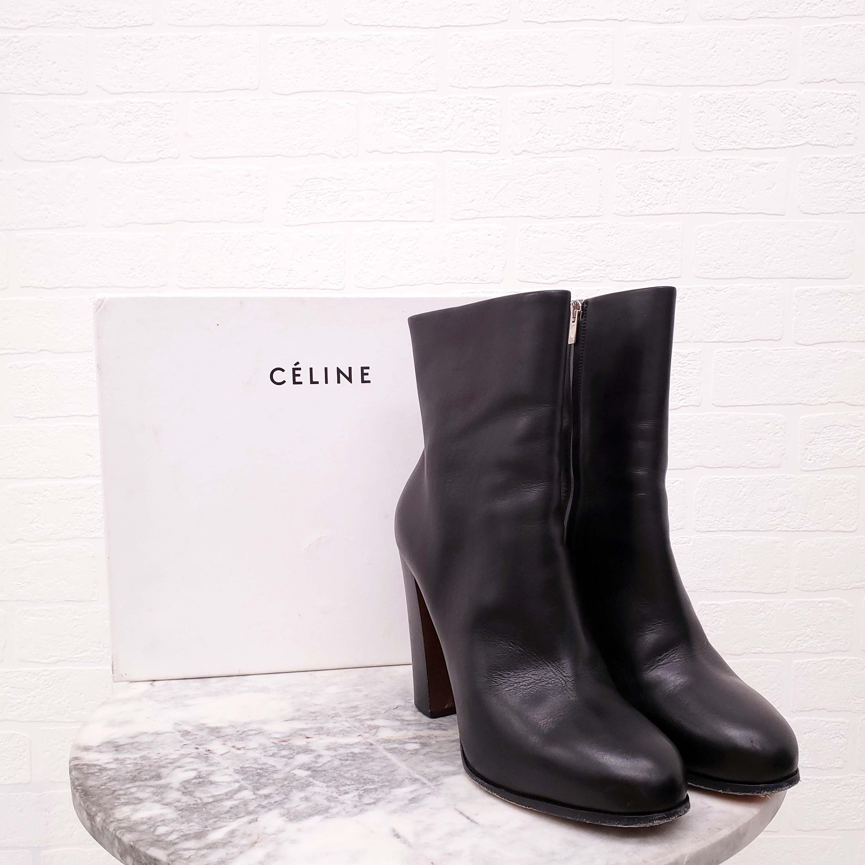 CELINE BLACK LEATHER BLOCK HEEL BOOTS - SIZE 40.5