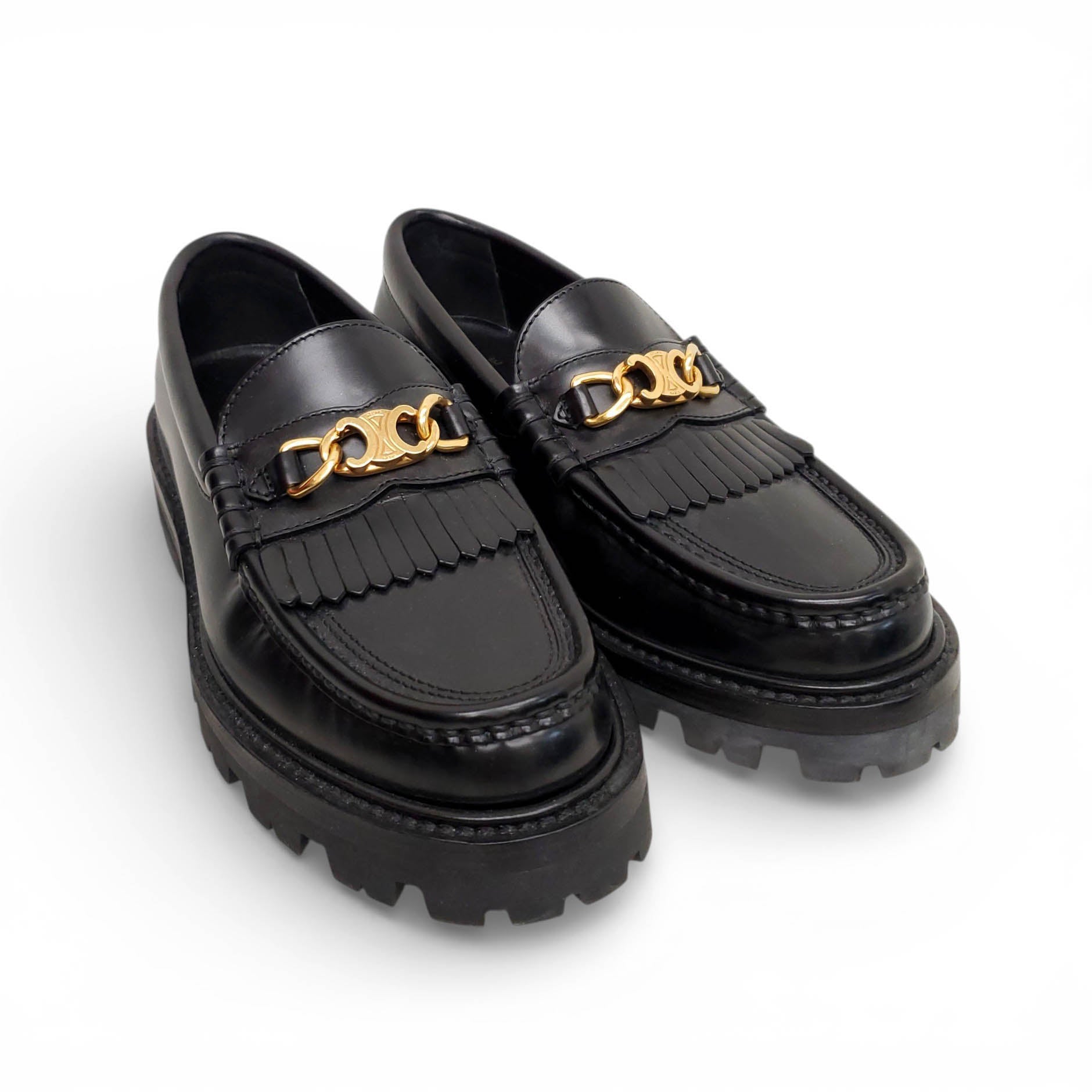 CELINE BLACK MARGARET TRIOMPHE LEATHER LOAFERS - SIZE 35