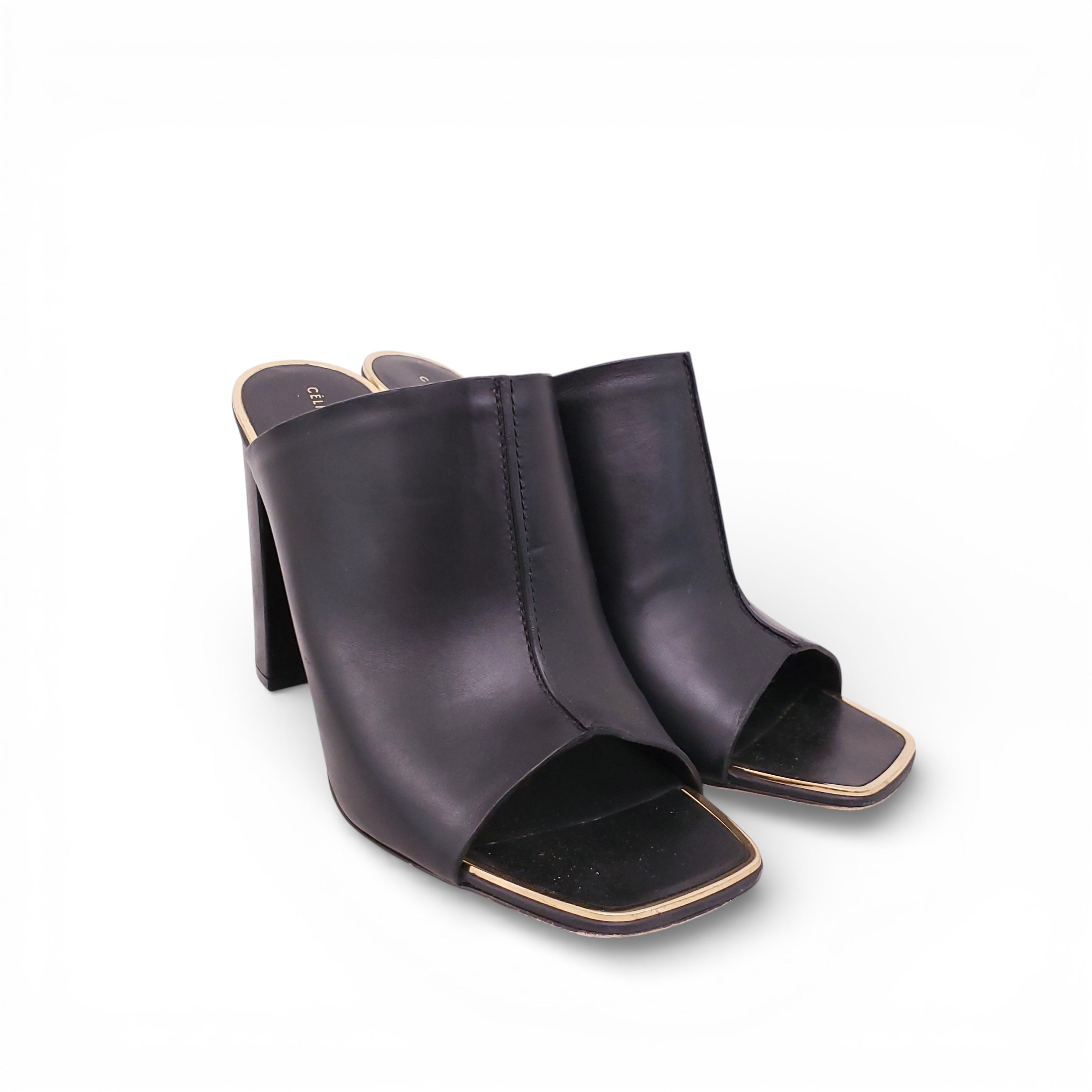 CELINE BLACK MULE HEELS WITH GOLD DETAIL - SIZE 39