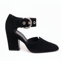 CELINE BLACK SUEDE HEELS WITH SILVER BUCKLE - SIZE 37.5
