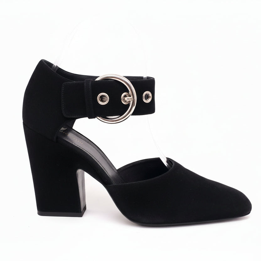 CELINE BLACK SUEDE HEELS WITH SILVER BUCKLE - SIZE 37.5