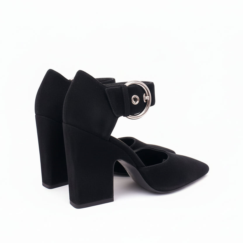 CELINE BLACK SUEDE HEELS WITH SILVER BUCKLE - SIZE 37.5