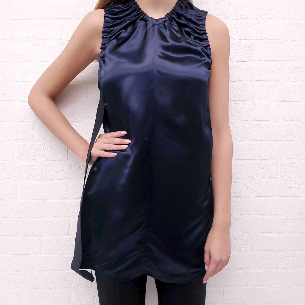 CELINE BLUE SATIN RUCHED TOP WITH SIDE ZIPPER DETAIL - SIZE 34
