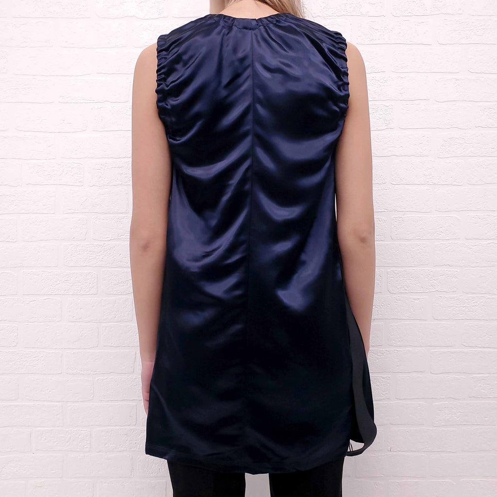 CELINE BLUE SATIN RUCHED TOP WITH SIDE ZIPPER DETAIL - SIZE 34