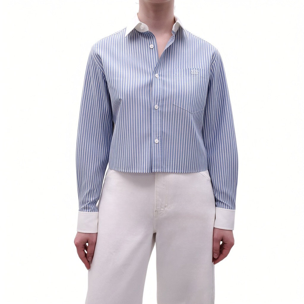 CELINE BLUE STRIPED BLOUSE WITH LOGO AND WHITE COLLAR - SIZE 34