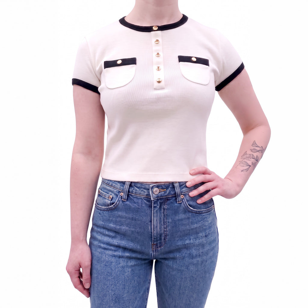 CELINE CREAM AND BLACK T-SHIRT WITH LOGO BUTTONS - SIZE XS