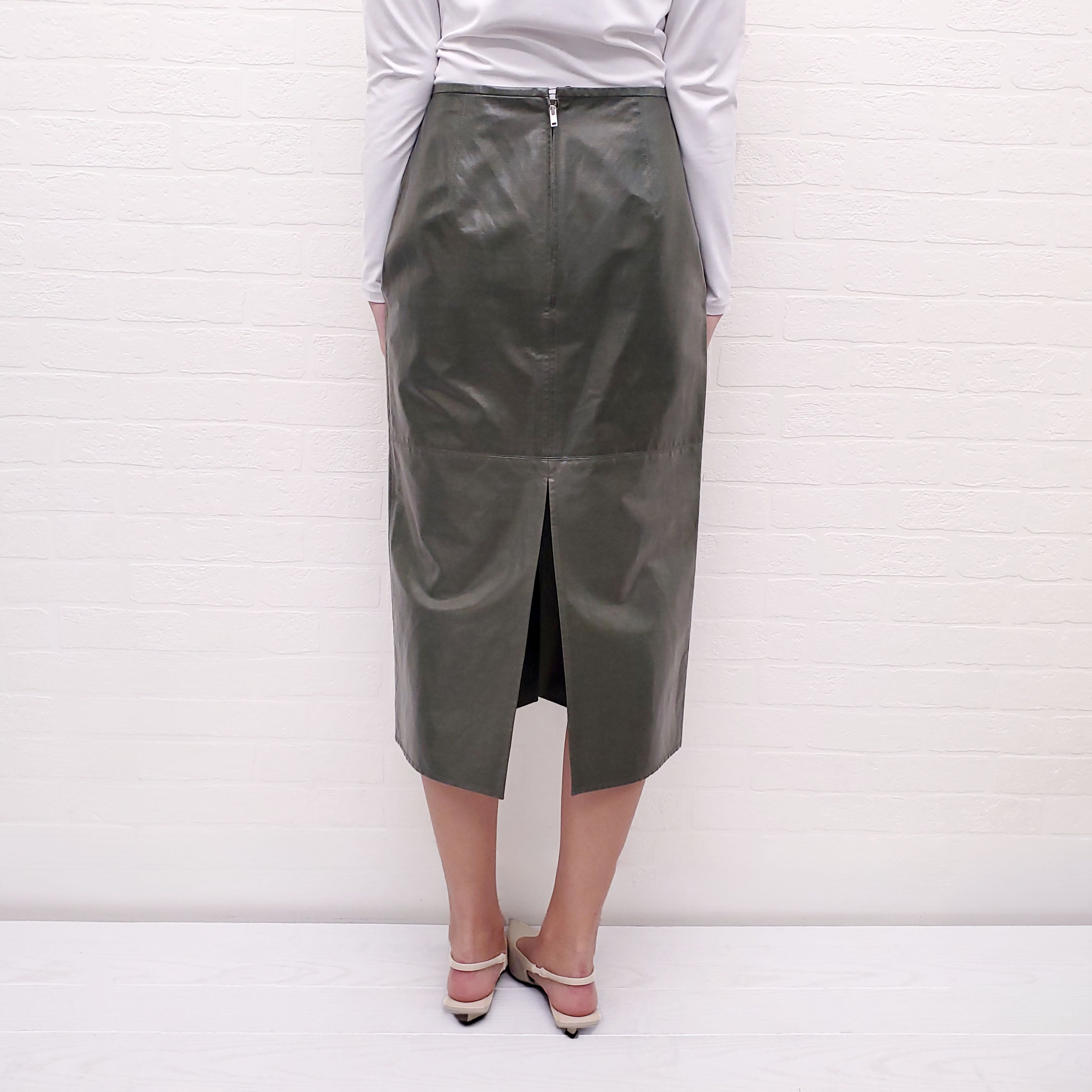 CELINE GREEN COATED VEGAN LEATHER SKIRT - SIZE 38