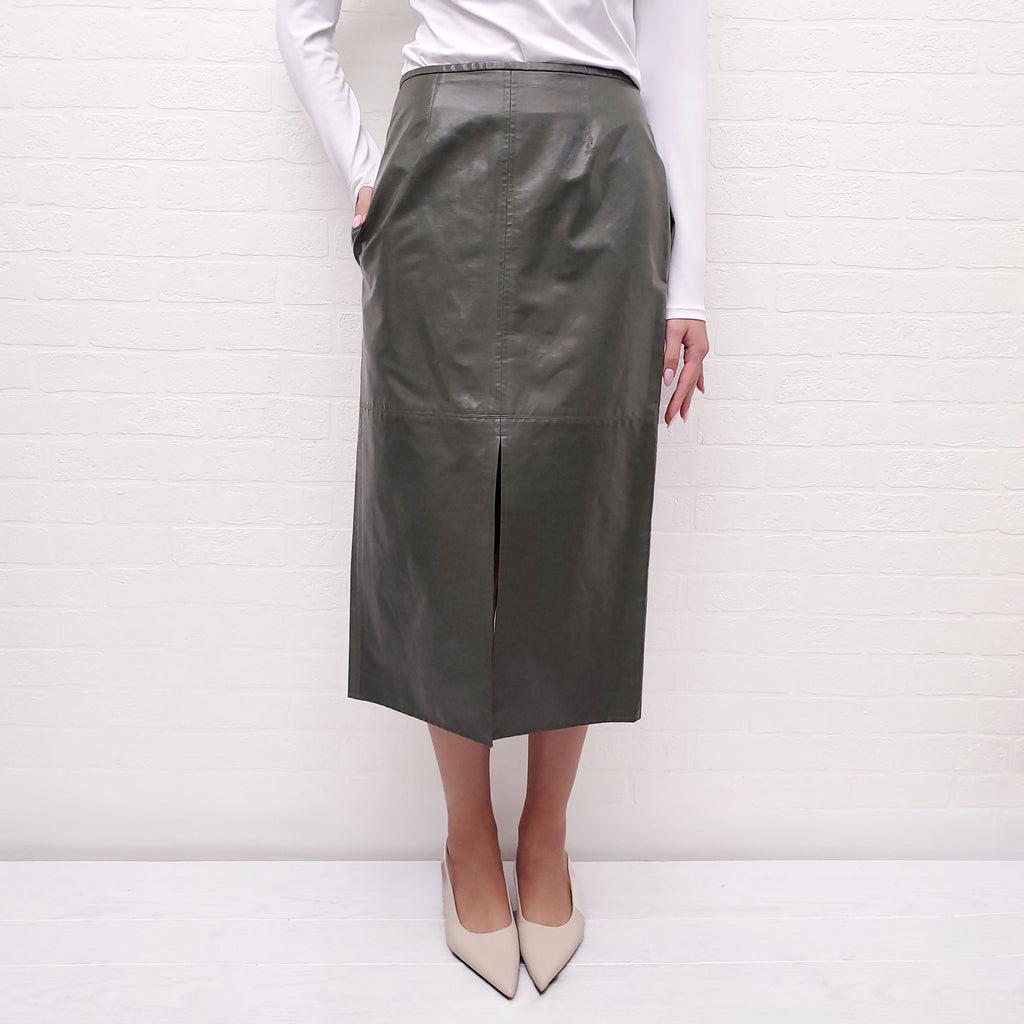 CELINE GREEN COATED VEGAN LEATHER SKIRT - SIZE 38