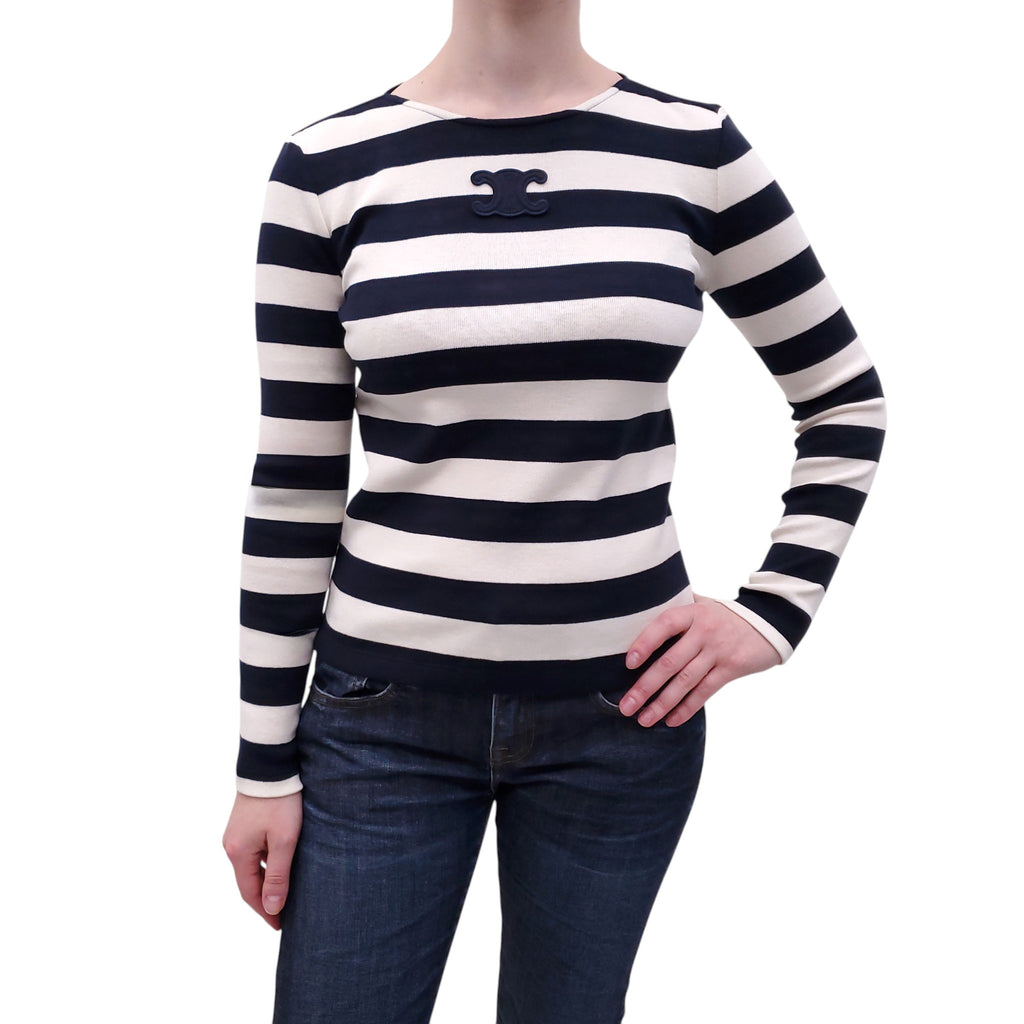 CELINE NAVY AND WHITE STRIPED JERSEY LONG SLEEVE TOP WITH TRIOMPHE LOGO - SIZE XS