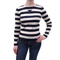CELINE NAVY AND WHITE STRIPED JERSEY LONG SLEEVE TOP WITH TRIOMPHE LOGO - SIZE XS