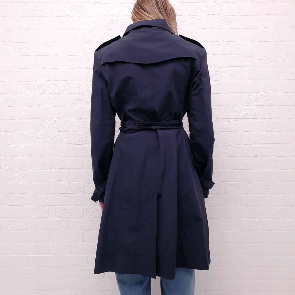 CELINE NAVY VINTAGE TRENCH COAT WITH SILVER LOGO BUTTONS - SIZE 42