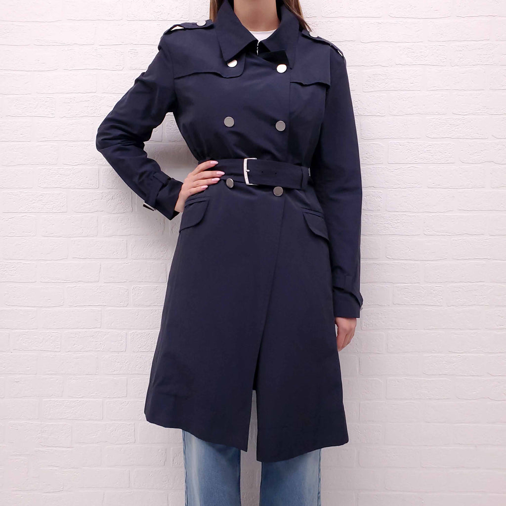 CELINE NAVY VINTAGE TRENCH COAT WITH SILVER LOGO BUTTONS - SIZE 42