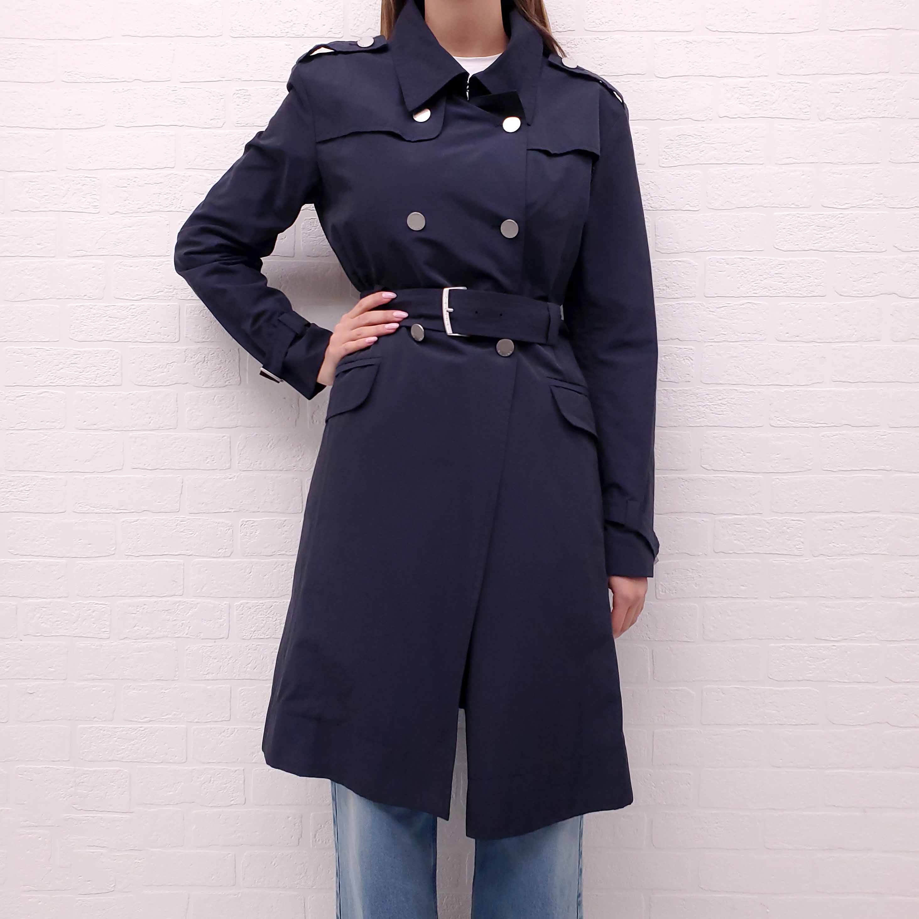 CELINE NAVY VINTAGE TRENCH COAT WITH SILVER LOGO BUTTONS - SIZE 42