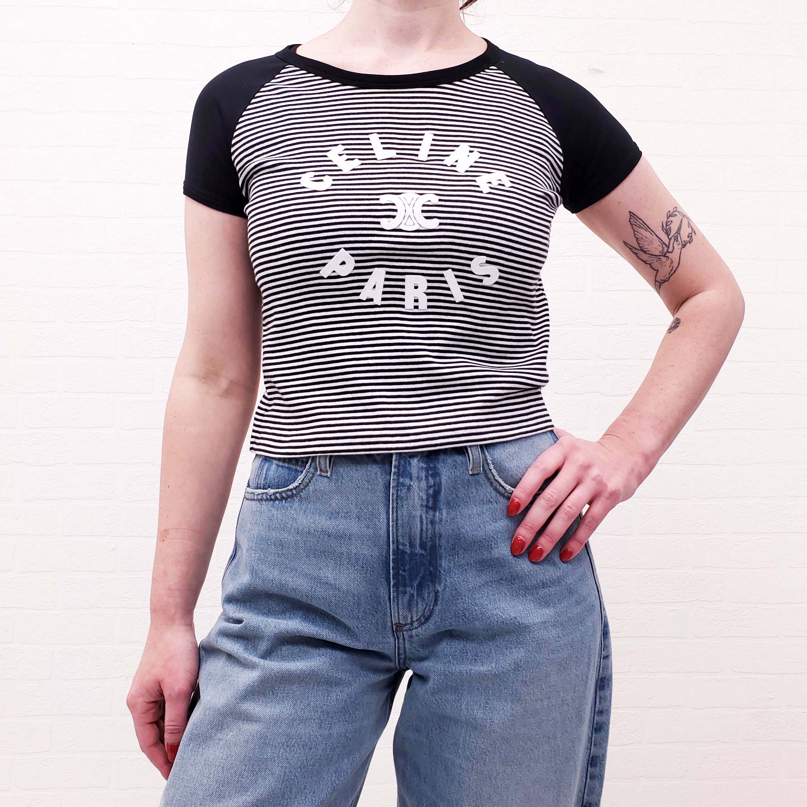 CELINE PARIS STRIPED LOGO T-SHIRT - SIZE XS