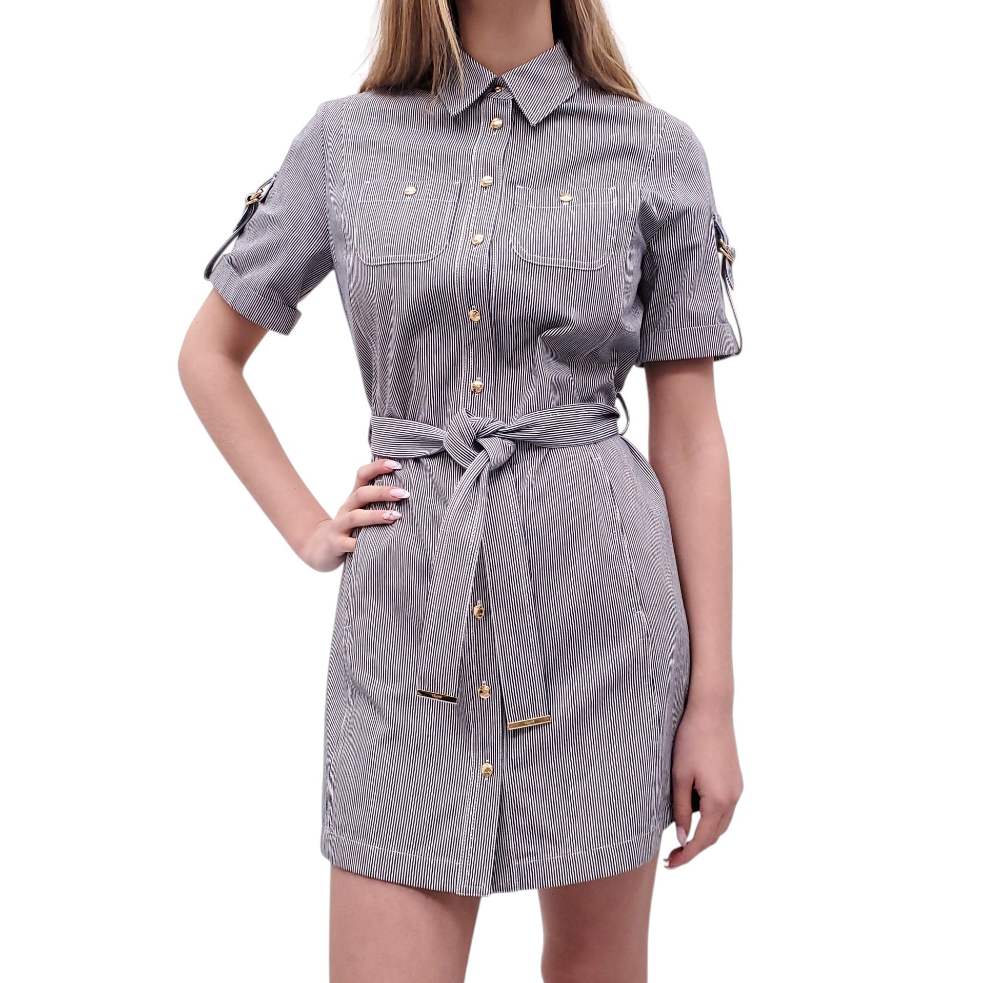 CELINE STRIPED DRESS WITH GOLD TRIOMPHE LOGO AND BELT - SIZE 34